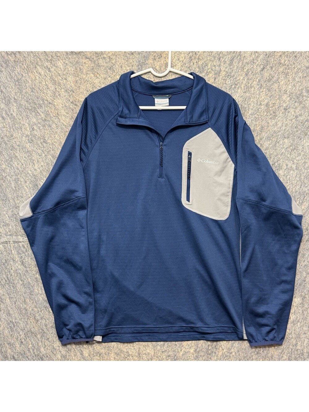 Columbia Mens XL Quarter Zip Pullover Navy Blue Gray Chest Pocket Outdoor
